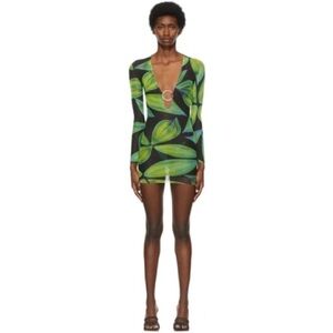 Long-Sleeve Green Leaf Print Mini Dress